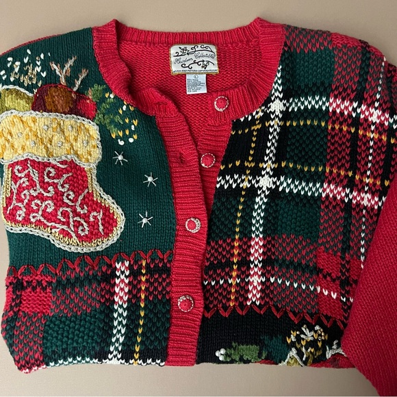 Vintage Chunky Knit Mixed Media Christmas Cardigan Sweater - Picture 9 of 16